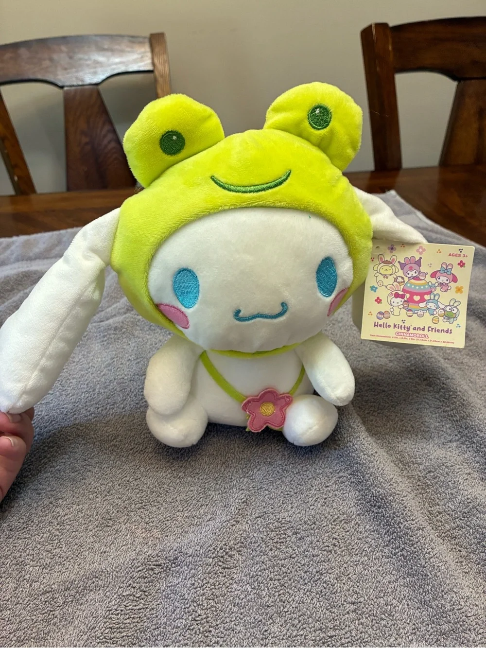 Hello Kitty Cinnamoroll Plush in Bright Lime Frog Hat with Pink Flower